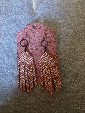 Boho Rust and White Fringe Leather Drop Earrings